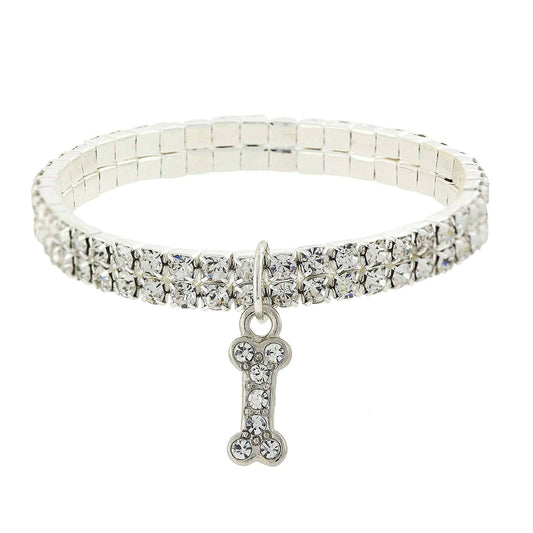 Rhinestone Crystal Two Row Stretch With Dog Bone Charm Bracelet