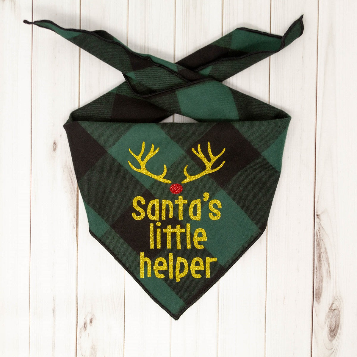Christmas Bandana - Black & Green Plaid Flannel Dog Bandana  - SANTA'S LITTLE HELPER - Southlake Paws