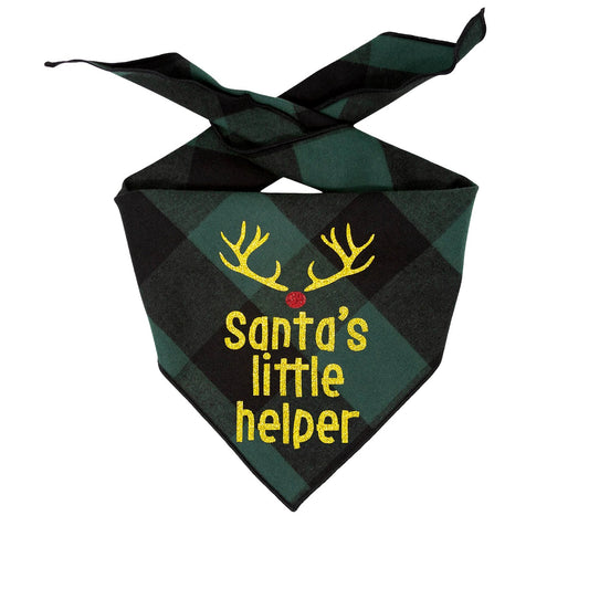 Christmas Bandana - Black & Green Plaid Flannel Dog Bandana  - SANTA'S LITTLE HELPER - Southlake Paws