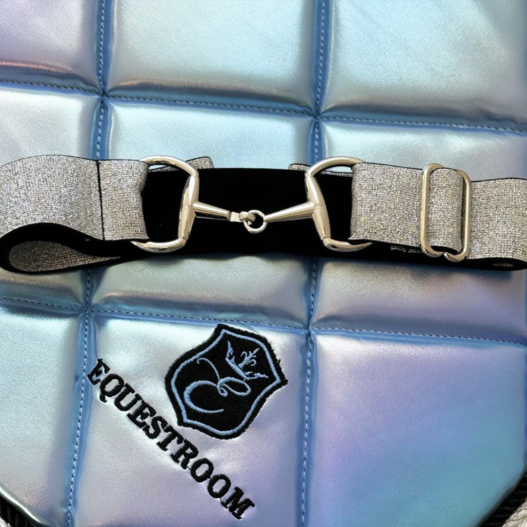 Royal Silver Elastic Equestrian Belt by Southlake Paws featuring a sleek design with silver accents and a black elastic band.