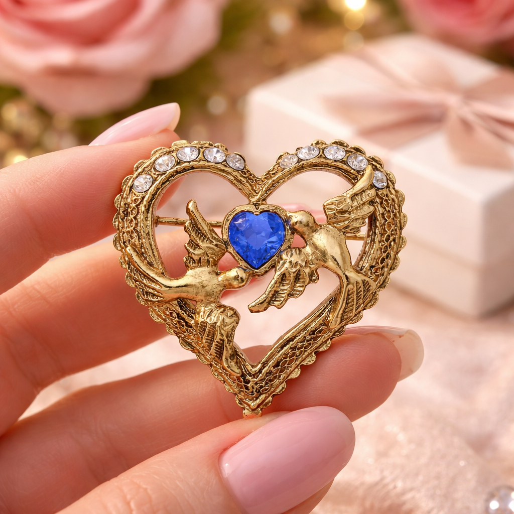 Crystal Heart Love Birds Pin