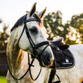 Load image into Gallery viewer, B&W Browband by Southlake Paws on a gray horse, featuring a sleek design and a saddle in the background.
