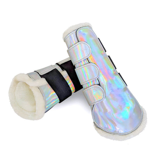 Holographic Boots by Southlake Paws featuring a shiny, iridescent design with soft, fluffy lining and adjustable straps.