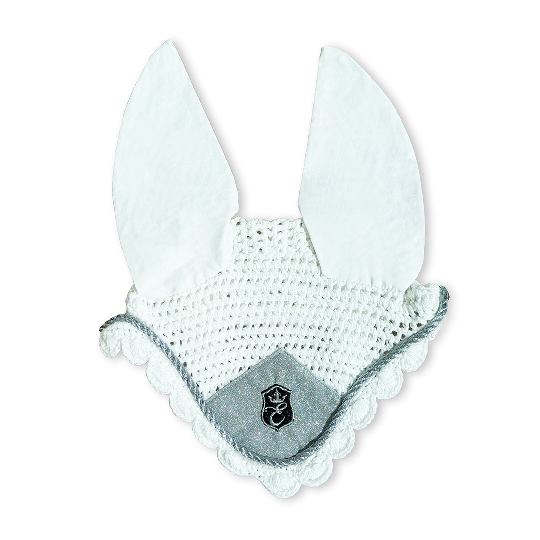 Royal Silver Fly Hat by Southlake Paws featuring a white crocheted design with silver trim and decorative ears.