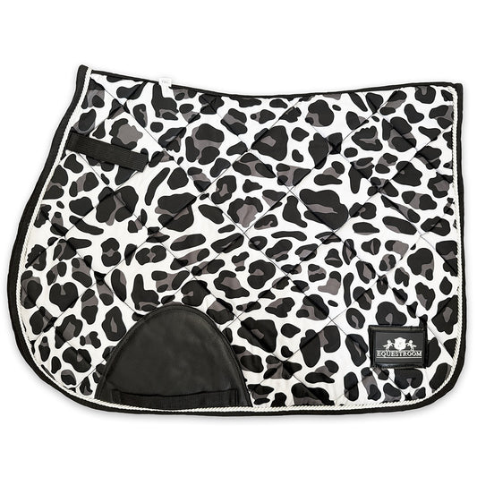 Black and white cheetah print saddle pad by Southlake Paws, featuring quilted design and a black leather girth area.