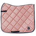 Load image into Gallery viewer, Rose Quartz Saddle Pad by Southlake Paws, featuring a sparkling pink surface with a quilted design and black trim.
