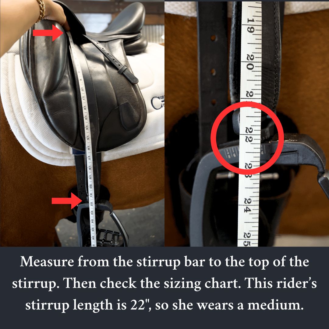 Stable Ride Stirrup Leathers by Southlake Paws, featuring a measuring tape for sizing and stirrup attachment on a saddle.