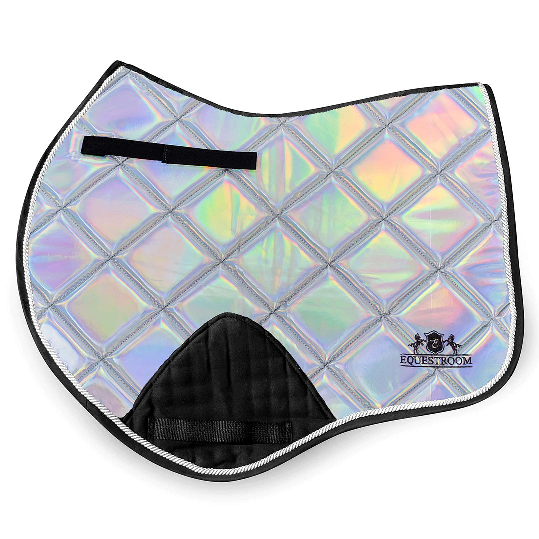Holographic Saddle Pad by Southlake Paws features a diamond quilted design with a shiny, iridescent surface and black trim.
