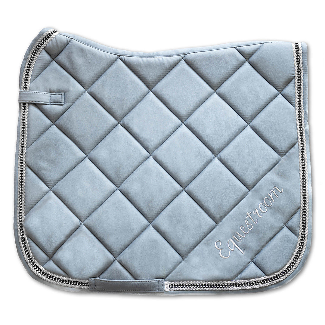 Moonstone Blue Saddle Pad by Southlake Paws, featuring a quilted design and elegant silver trim.