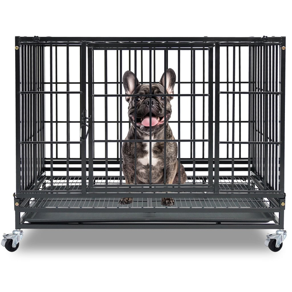Heavy-duty 37" stackable dog kennel by Southlake Paws, featuring a sturdy metal frame and a dog inside.