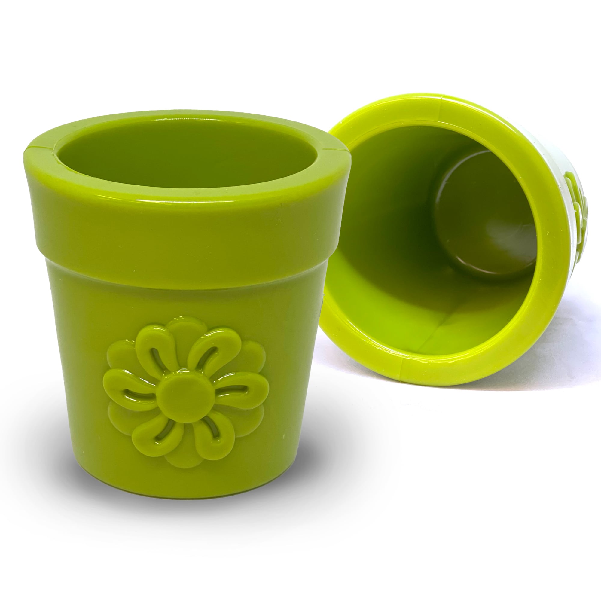 Large green flower pot-shaped dog treat dispenser by Southlake Paws, made in the USA, designed for enrichment play.