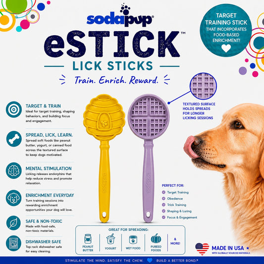 Southlake Paws eStick Hand-Held Dog Enrichment Toy featuring two textured lick sticks in purple and yellow, designed for inte