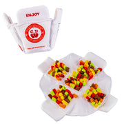 White pet food packaging with colorful dog treats and 'Enjoy' label on a white background