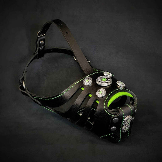 The ''Bijou'' Basket Muzzle Black & Green by Bestia Dog Gear