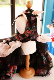 Luxury Floral Dog Dress with Ruffled Skirt & Pink Bow