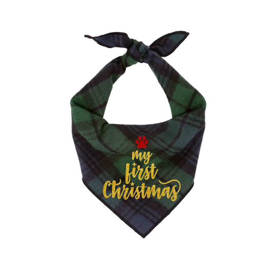 Christmas Dog Bandana - Green Plaid Flannel   - My First Christmas - Southlake Paws