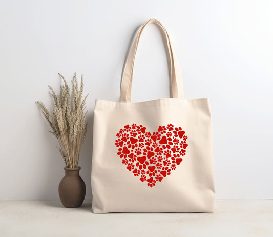 Valentine Tote Bag | Canvas Tote | lightweight 6 oz Canvas |  HEART with PAW PRINTS