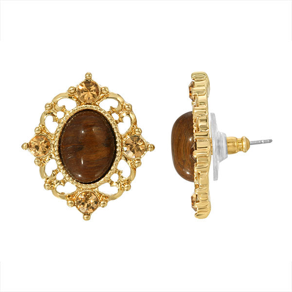 Topaz Crystal And Topaz Cat Eye Button Earrings