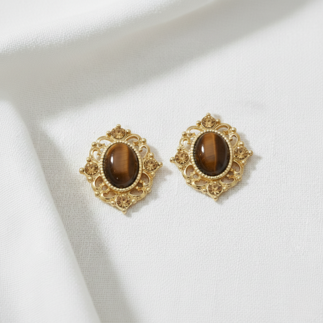 Topaz Crystal And Topaz Cat Eye Button Earrings