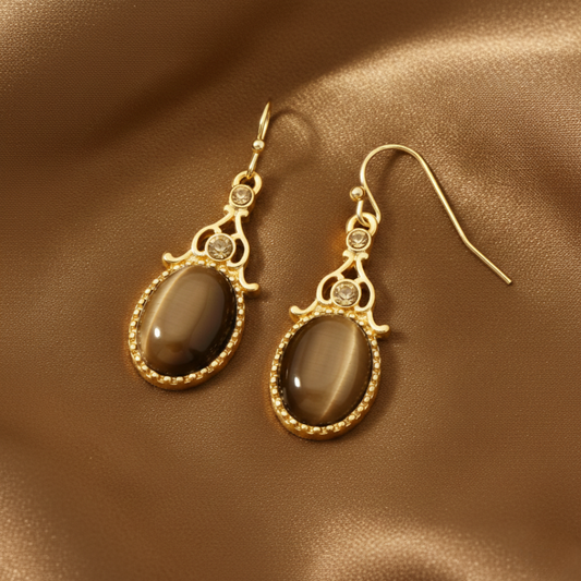Topaz Crystal And Topaz Cat Eye Oval Drop Earrings