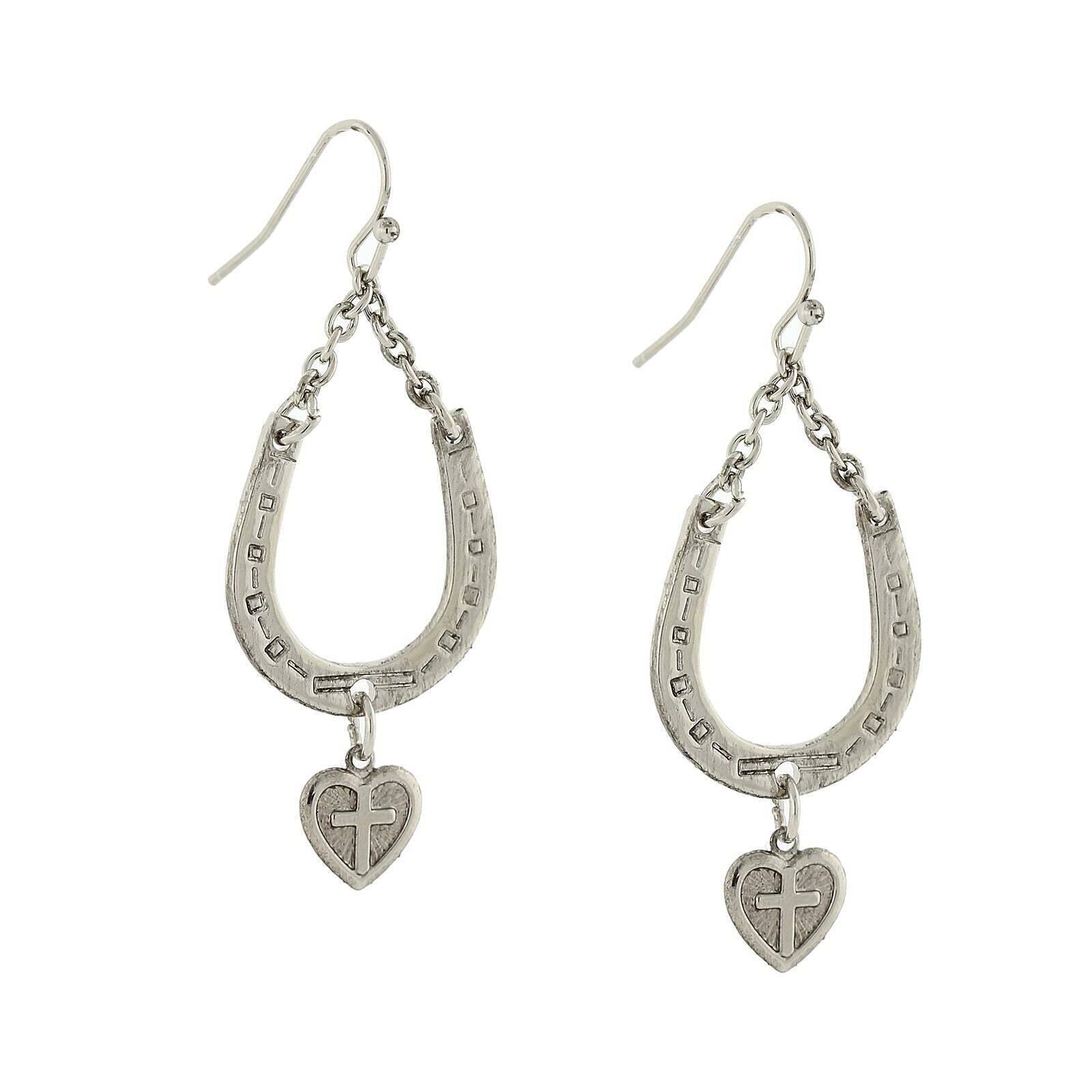 Horseshoe And Heart With Cross Dangle Earrings