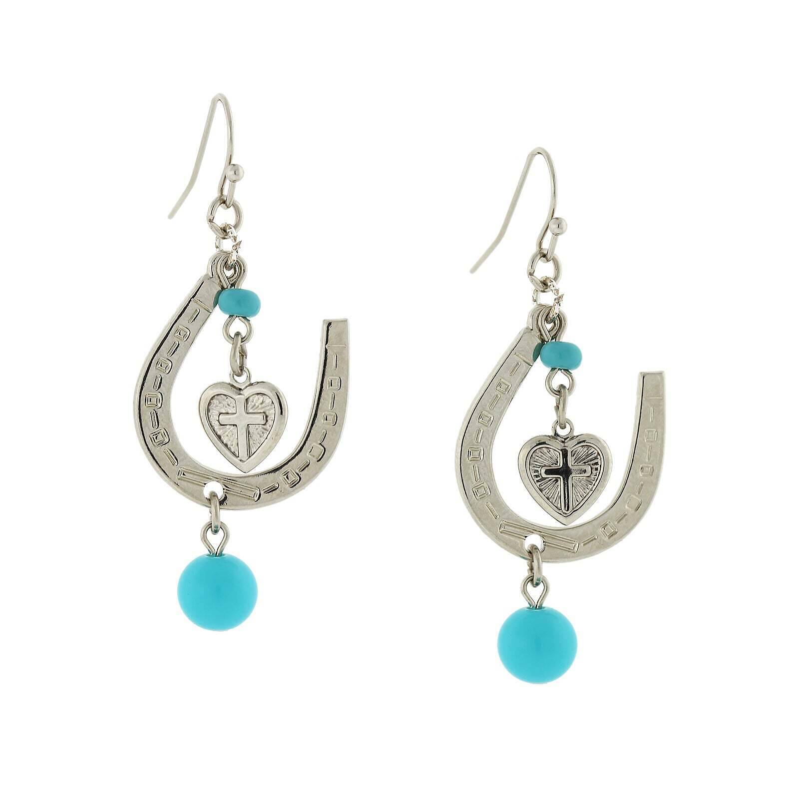 Southwest Turquoise Horseshoe And Heart Cross Dangle Earrings