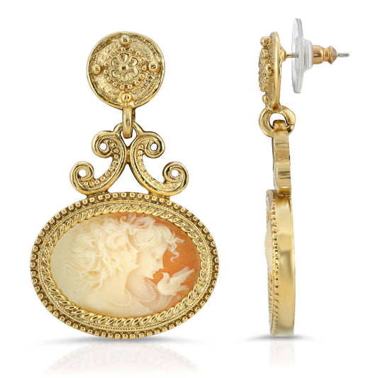 Antiquities Couture Carnelian Color Cameo Twin Muse And Bird Dangle Earrings