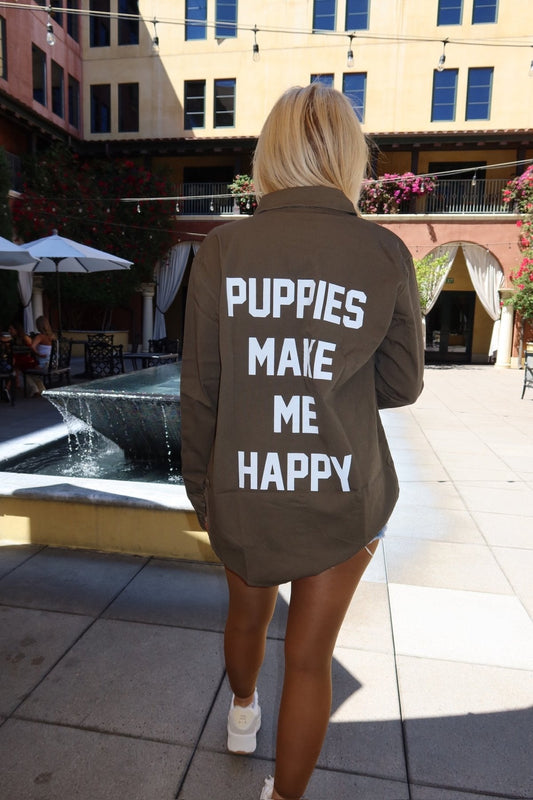 Puppies Make Me Happy Military Button Up | Present For Dog Lover | Made in USA