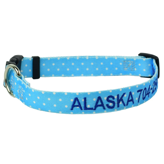 Personalized Blue and White Dots Embroidered Dog Collar