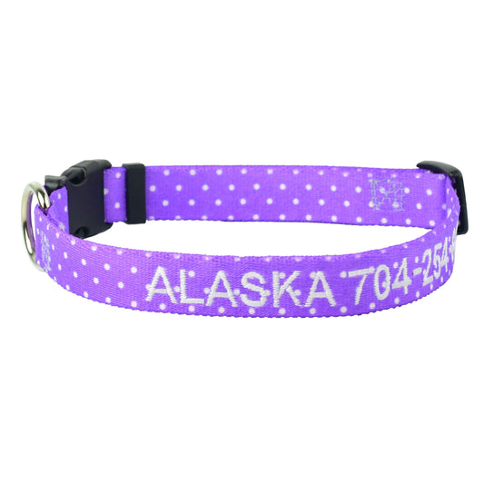 Personalized Purple and White Dots Embroidered Dog Collar