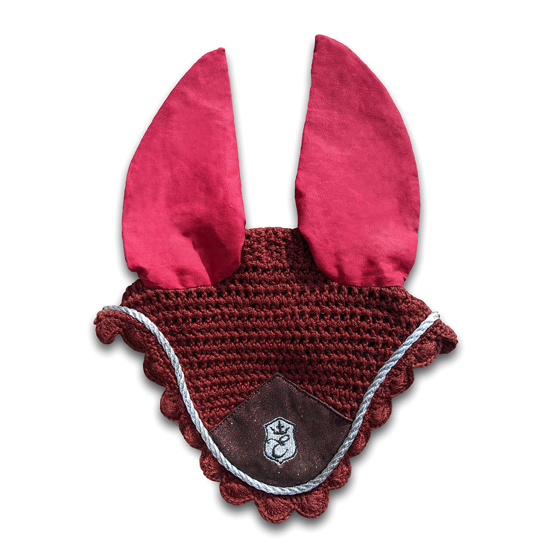 Burgundy Fly Hat by Southlake Paws featuring pink ears and a scalloped edge, designed for pet fly protection.