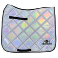 Load image into Gallery viewer, Holographic Saddle Pad by Southlake Paws featuring a quilted design with a shiny, iridescent finish and black trim.
