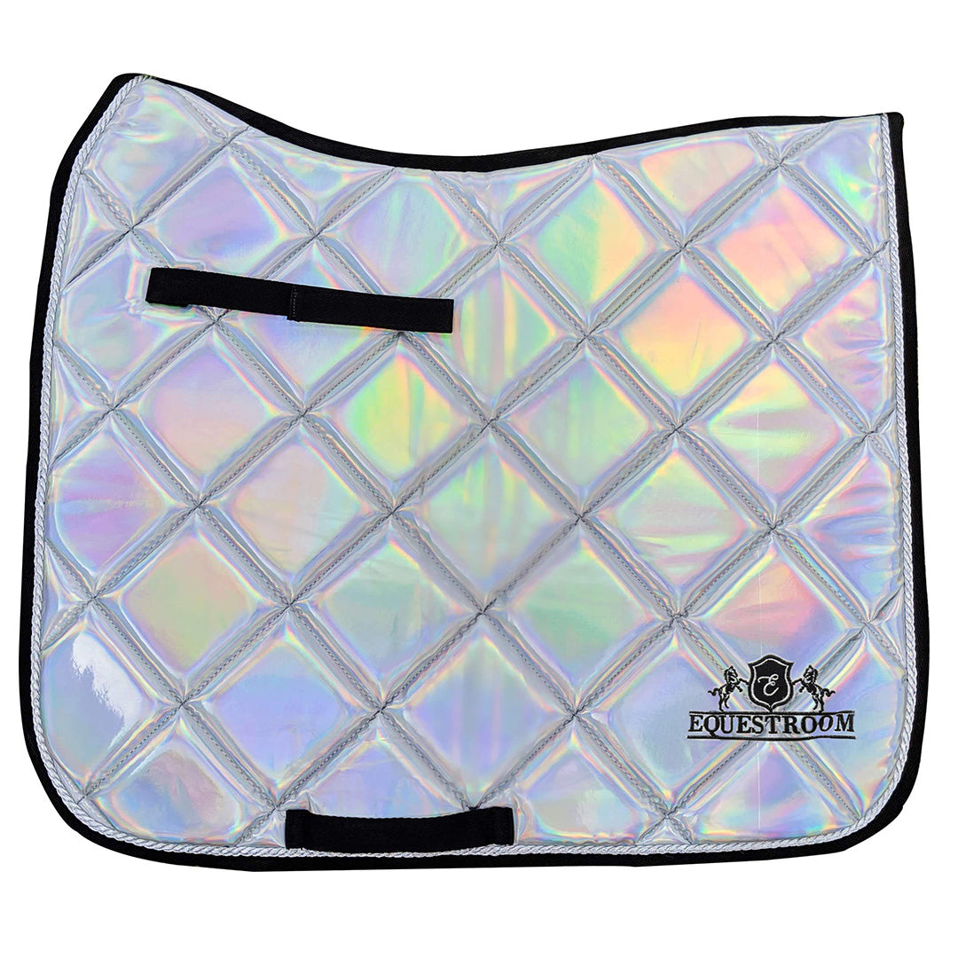 Holographic Saddle Pad by Southlake Paws featuring a quilted design with a shiny, iridescent finish and black trim.