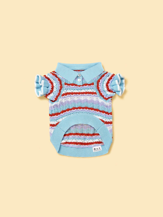 Pet & Me Spring Summer Ocean Blue Ruffle Crochet Short Sleeve Polo Shirt 