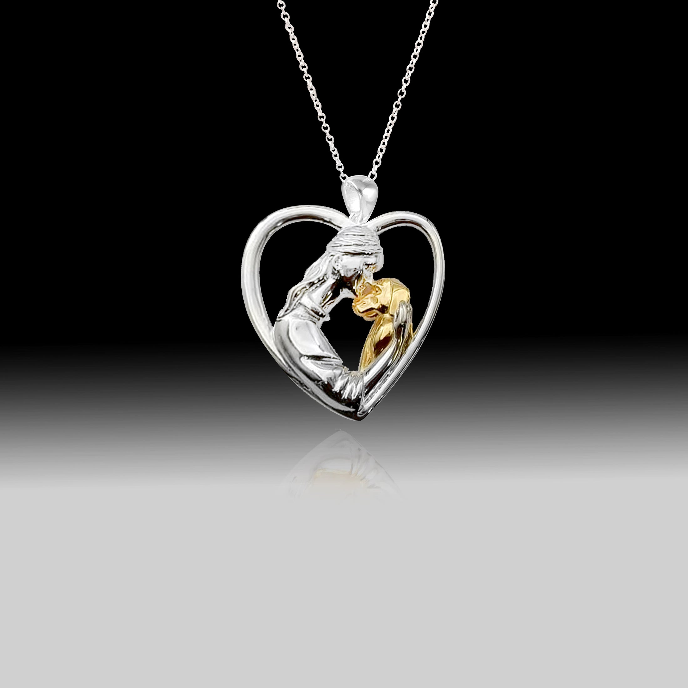 Girl Hugging Dog Heart Shaped Pendant- 925 Sterling Silver Two Toned Piece
