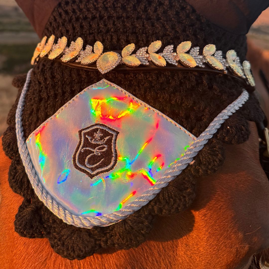 Holographic Ultra Bling Horse Browband by Southlake Paws featuring iridescent accents and elegant leaf designs.