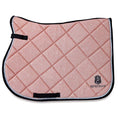 Load image into Gallery viewer, Rose Quartz Saddle Pad by Southlake Paws, featuring a quilted design with a sparkling pink finish and black trim.
