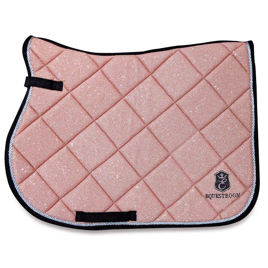 Rose Quartz Saddle Pad by Southlake Paws, featuring a quilted design with a sparkling pink finish and black trim.