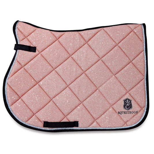 Rose Quartz Saddle Pad by Southlake Paws, featuring a quilted design with a sparkling pink finish and black trim.