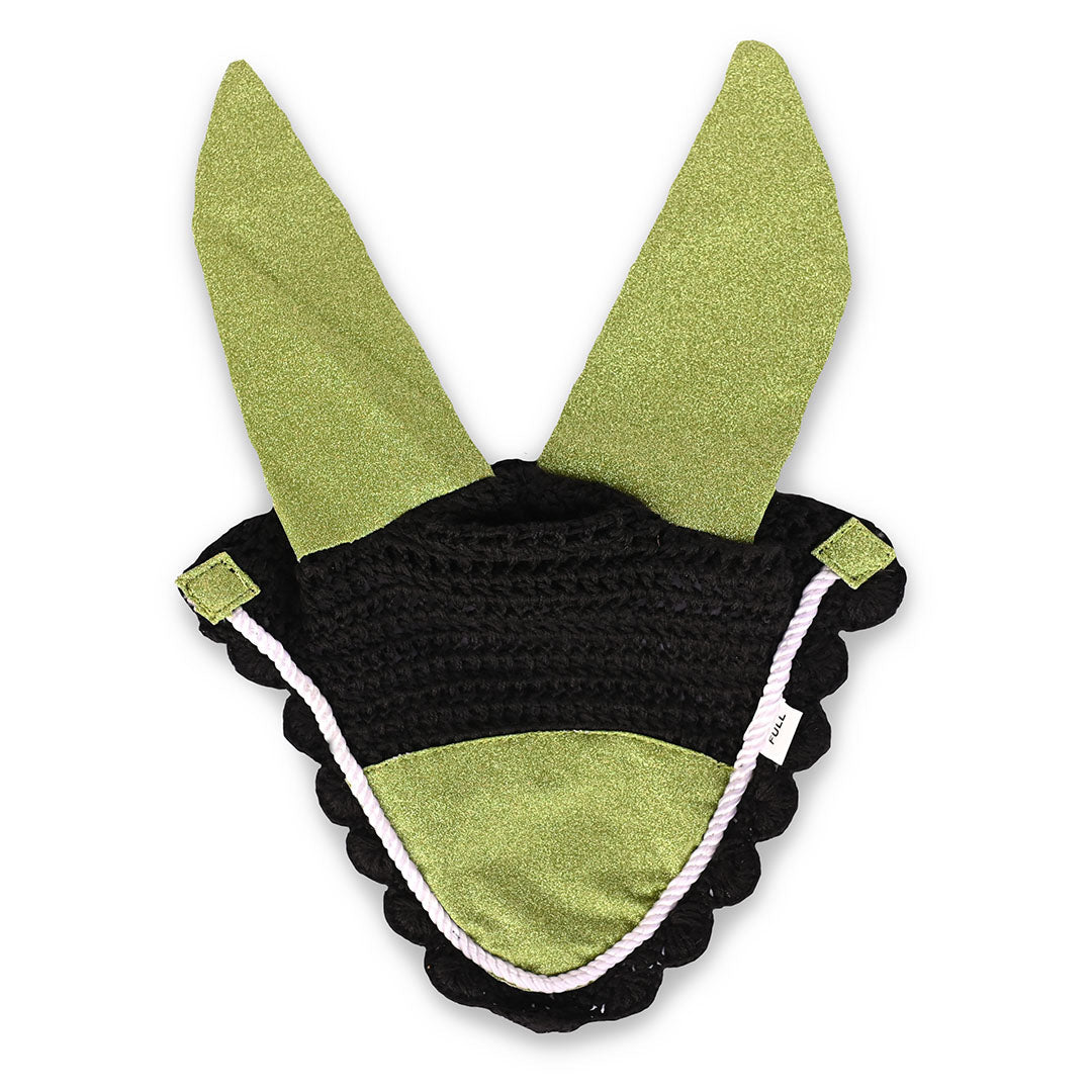 Lemongrass Fly Hat by Southlake Paws with green glittery ears and a black crocheted base, designed for pet fly protection.