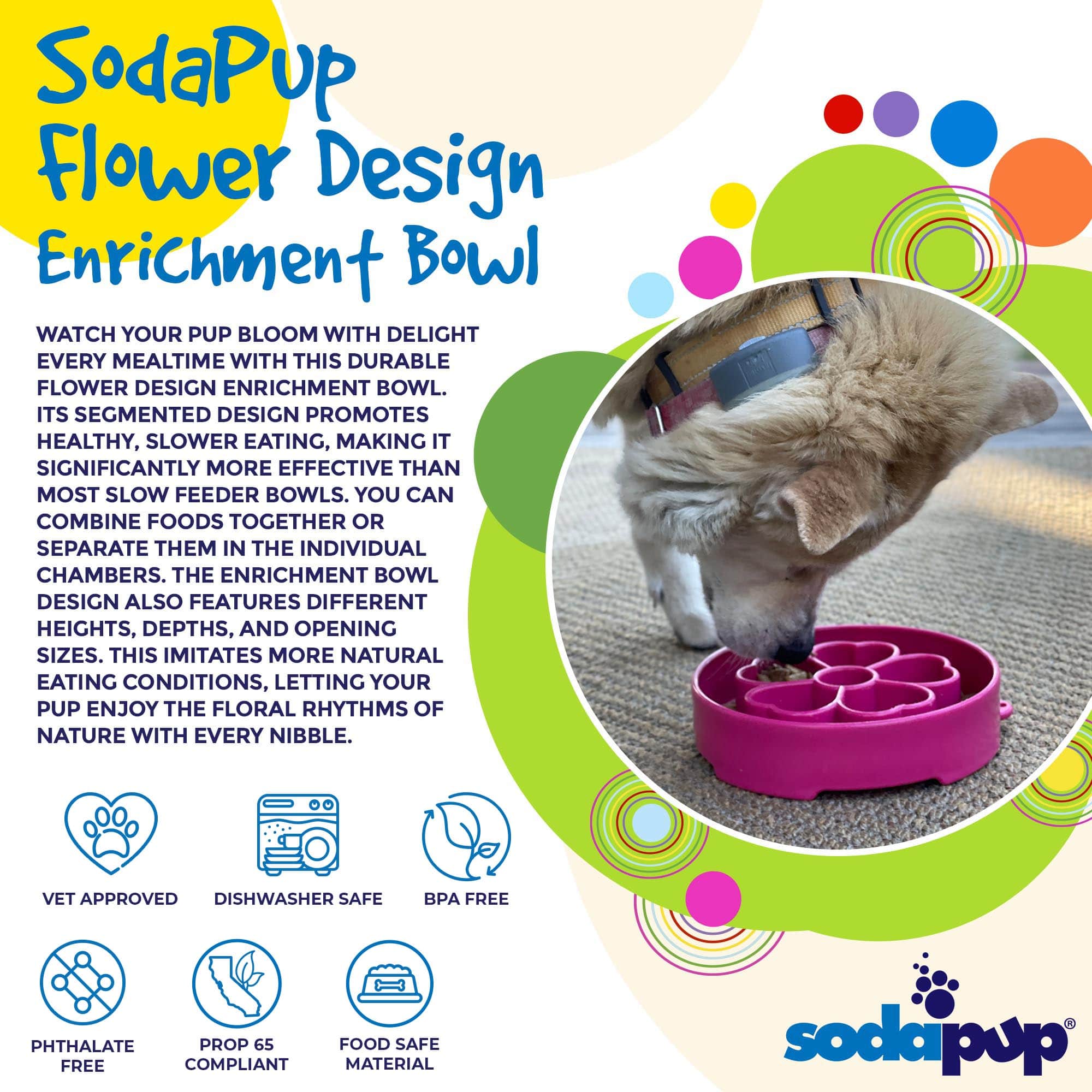 Flower eBowl Deep Slow Feeder Dog Bowl by Southlake Paws, featuring a colorful flower design for enriching mealtime.