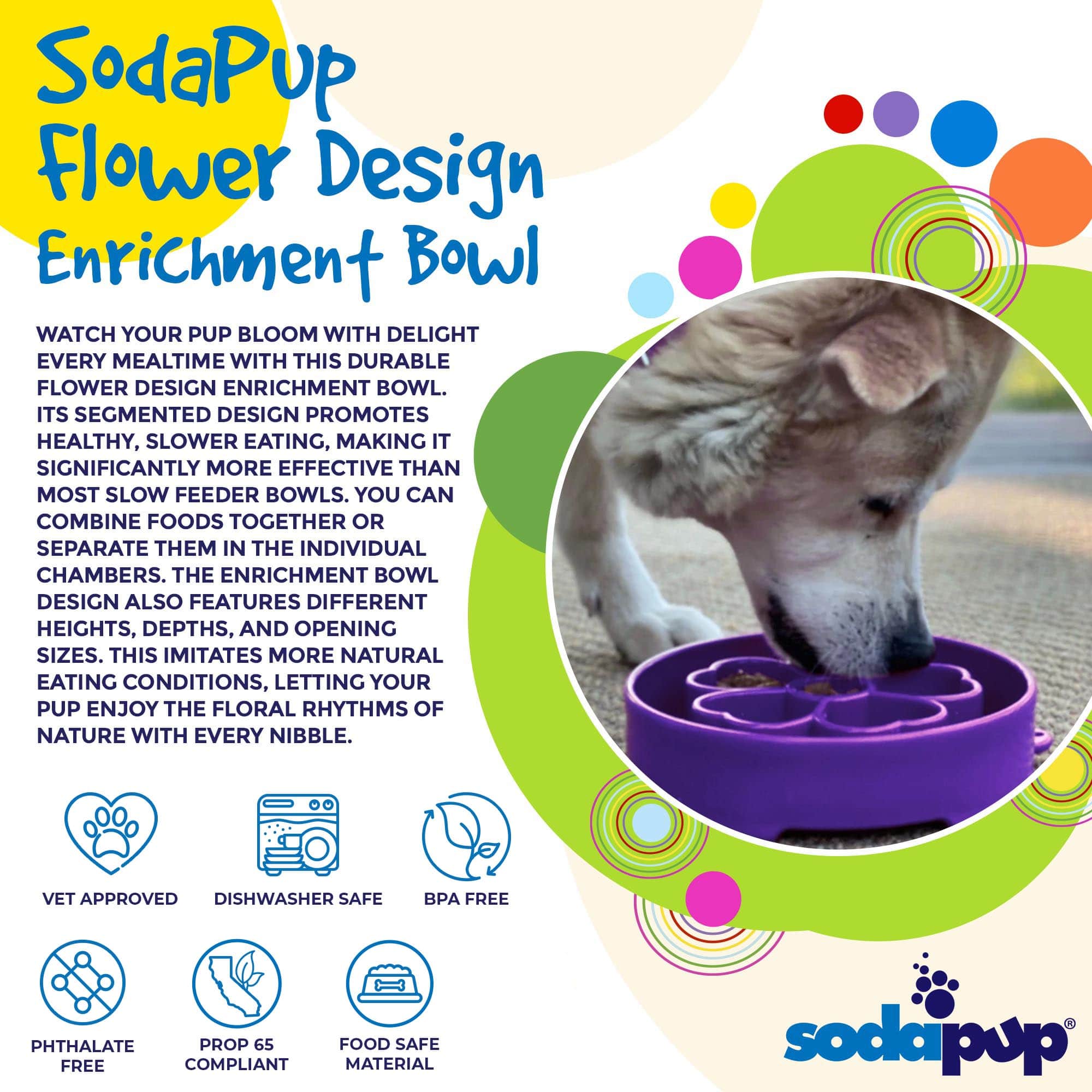 Flower eBowl Deep Slow Feeder Dog Bowl in purple, designed for enrichment with segmented chambers for food variety. USA made.