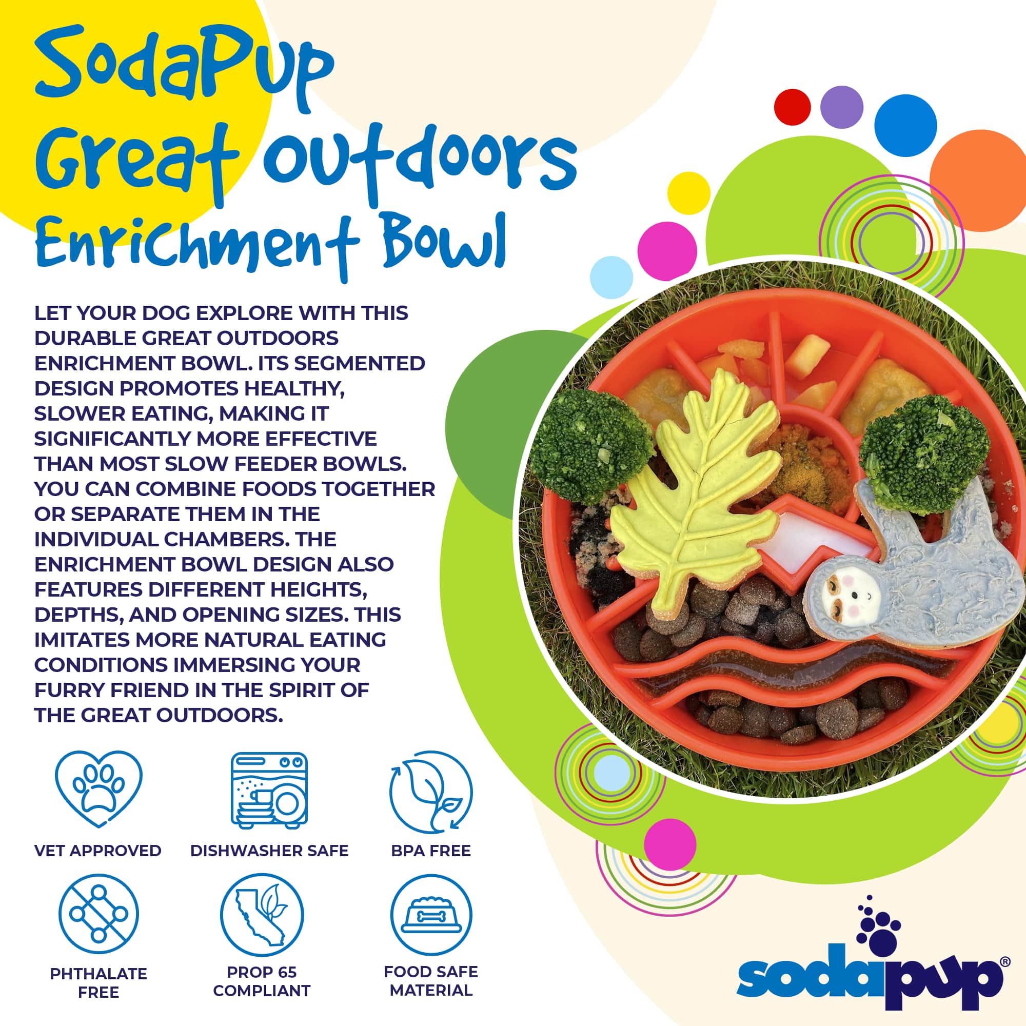 Southlake Paws Great Outdoors eBowl is a colorful slow feeder dog bowl with segmented chambers for enrichment and healthy eat