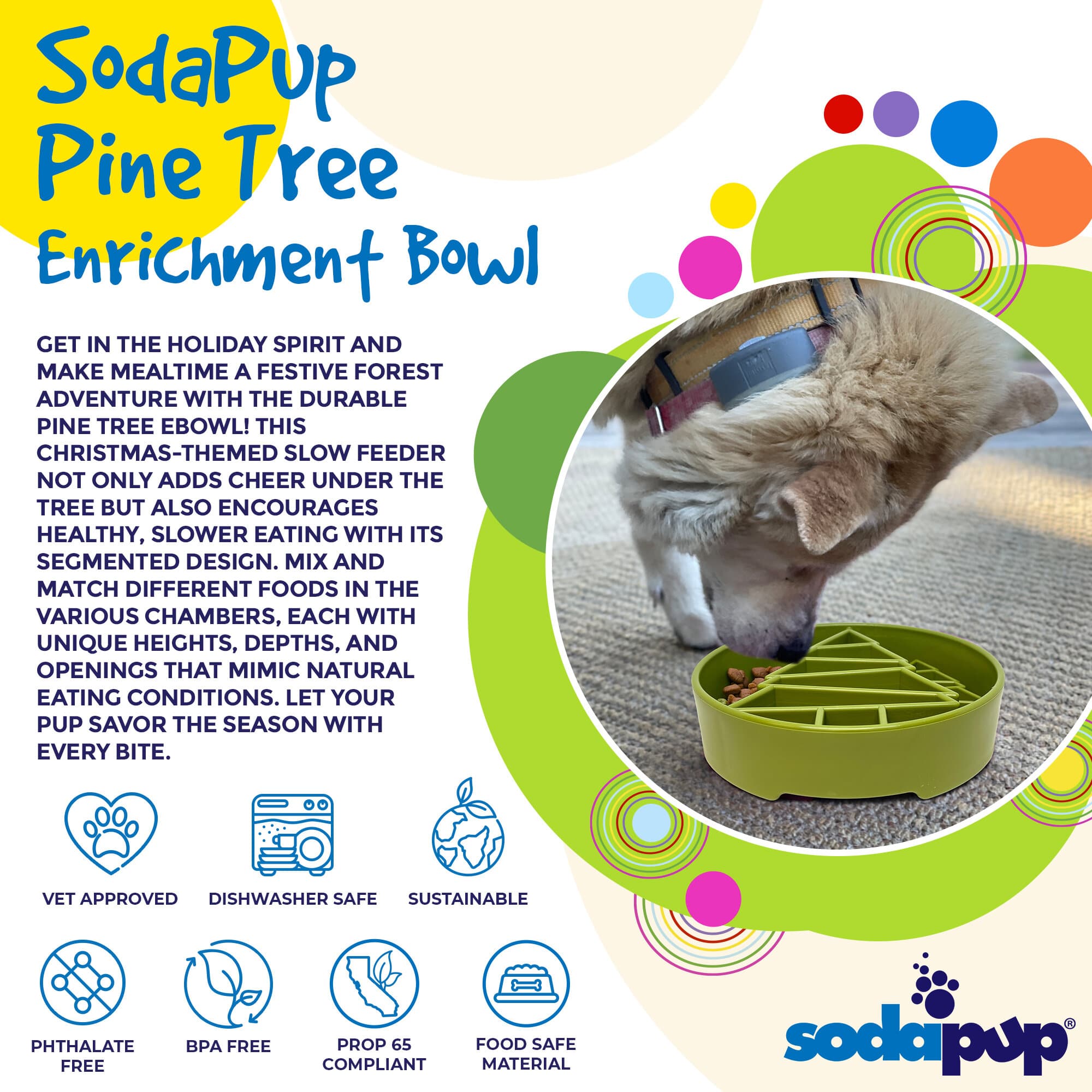Southlake Paws Pine Tree Christmas eBowl deep slow feeder dog bowl, designed for enrichment, featuring a festive pine tree de