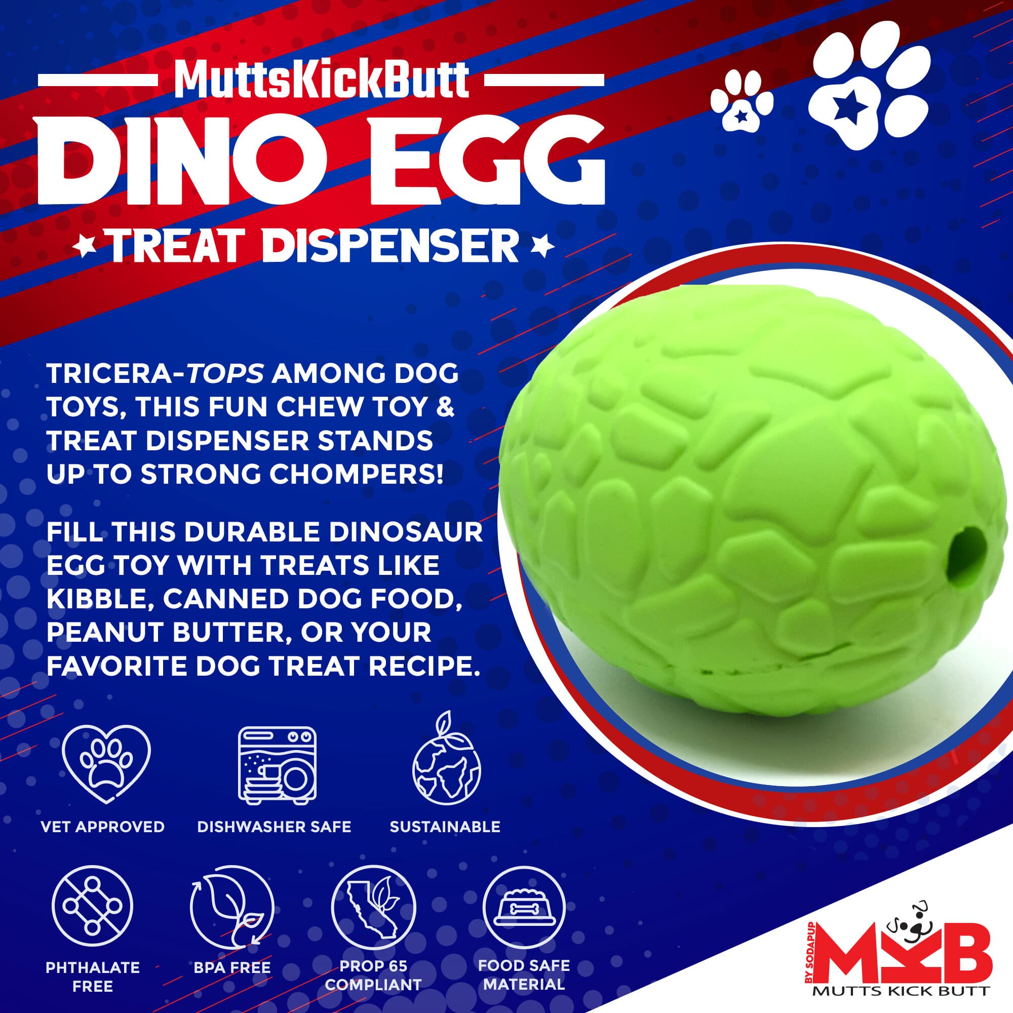 Dinosaur Egg Dog Chew Toy & Treat Dispenser - USA Made | SodaPup
