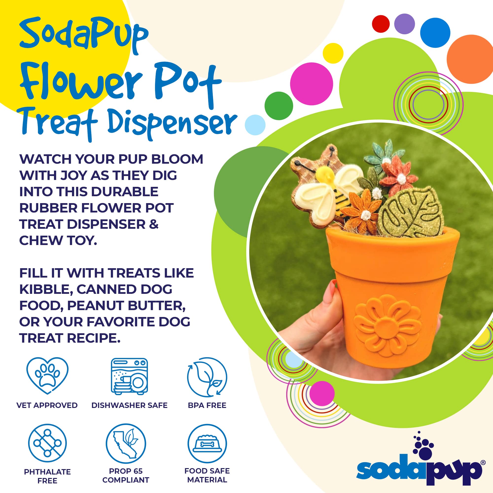 Large Flower Pot eCup Dog Treat Dispenser by Southlake Paws, durable rubber toy for treats, colorful design, vet approved.