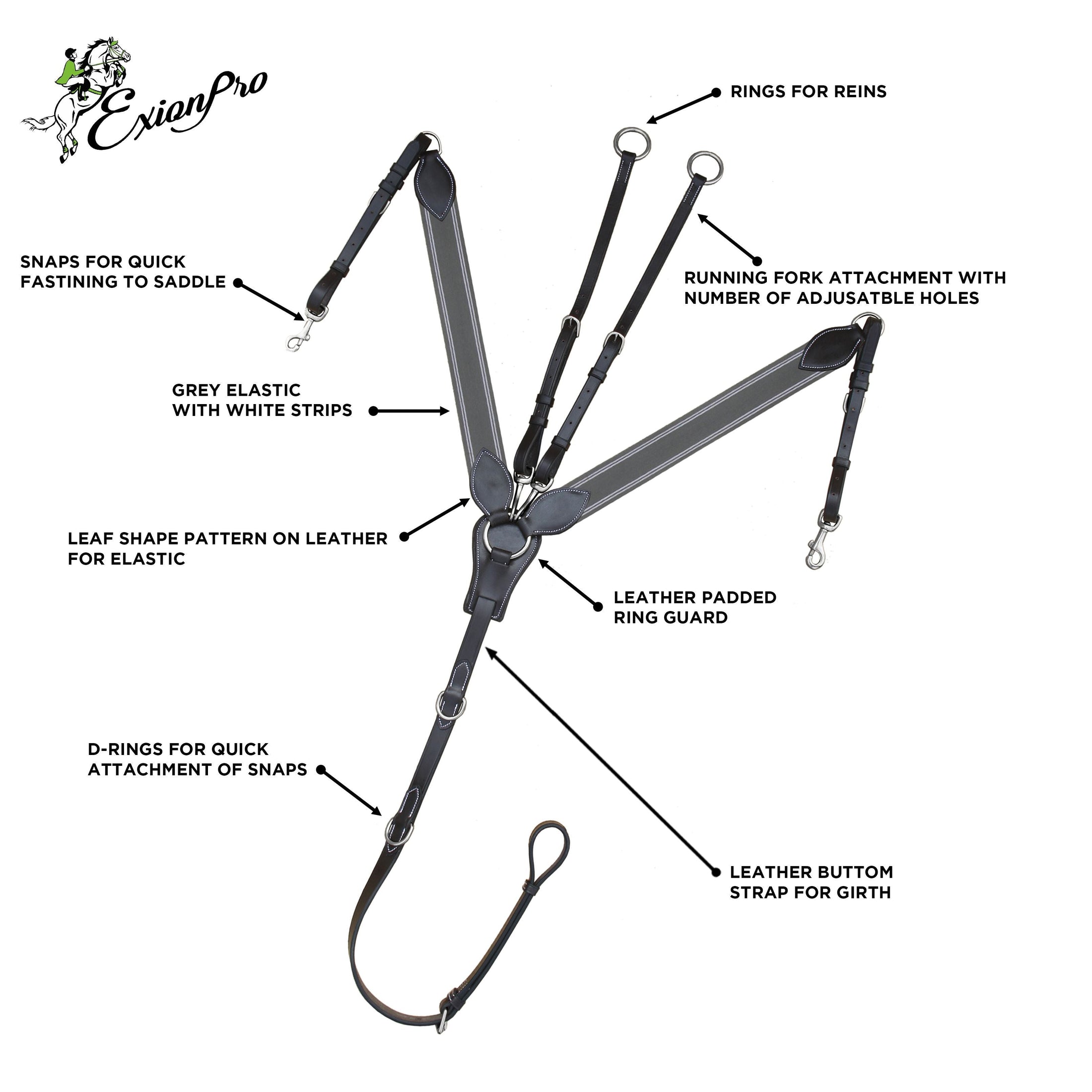 ExionPro Wide Elastic 3 Point Breastplate - Grey Elastic & White Lines 