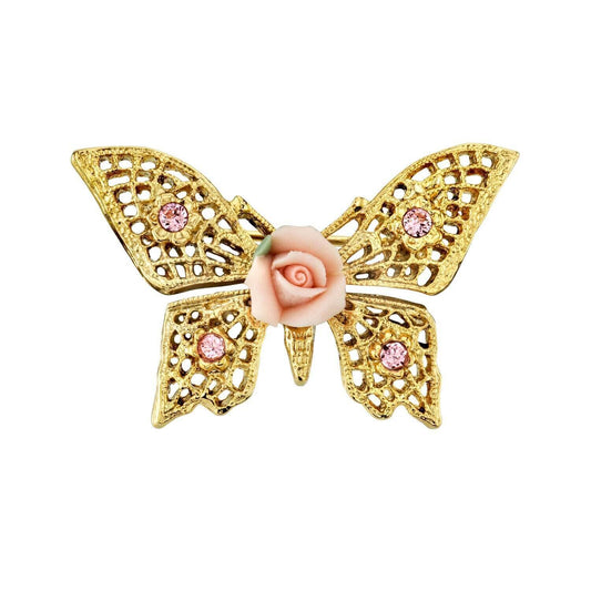 Light Rose Pink Austrian Crystal And Pink Porcelain Rose Butterfly Brooch