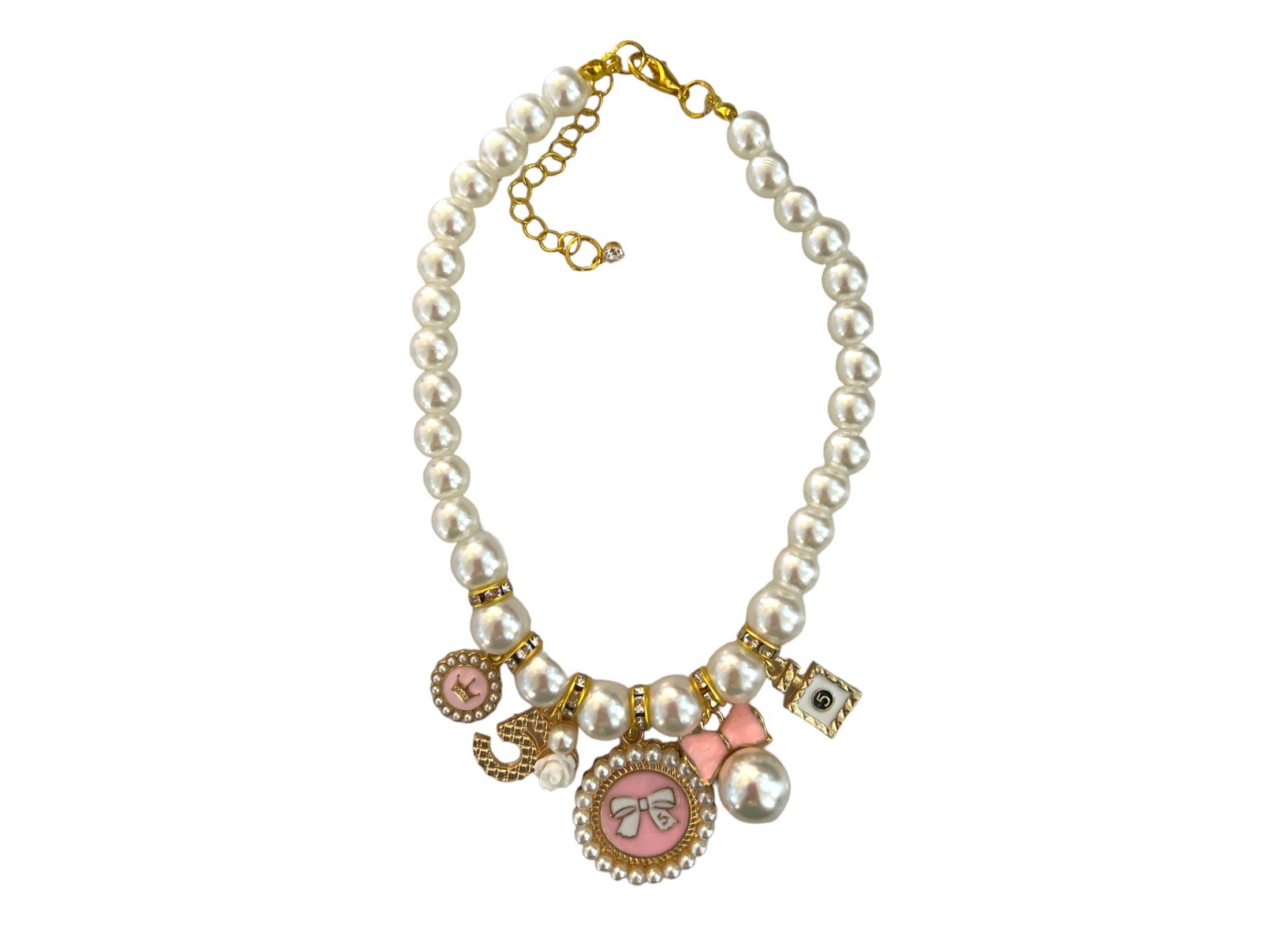 Pearls and Bow Charm Dog Necklace 