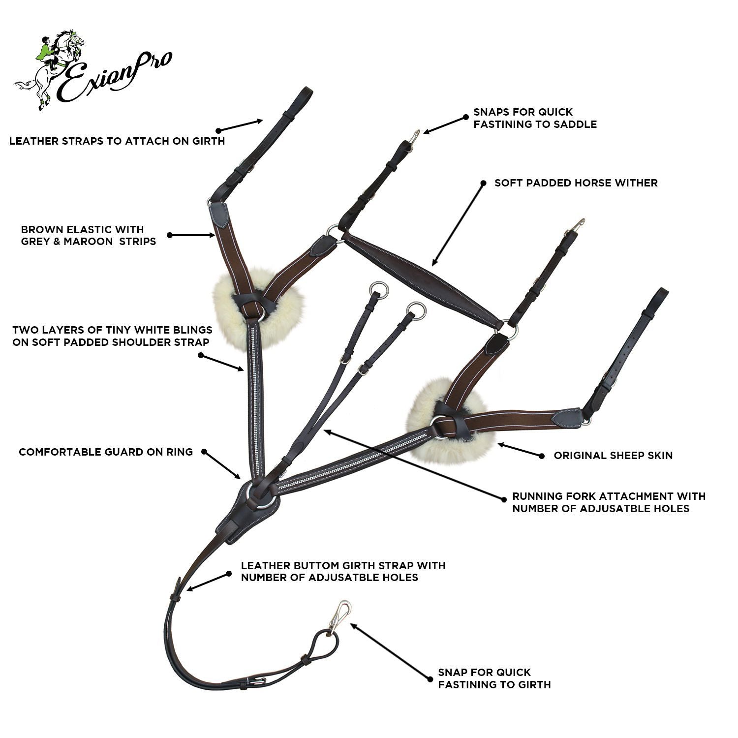 ExionPro 5 Point Bling Breastplate with Elastic & Sheepskin Padding